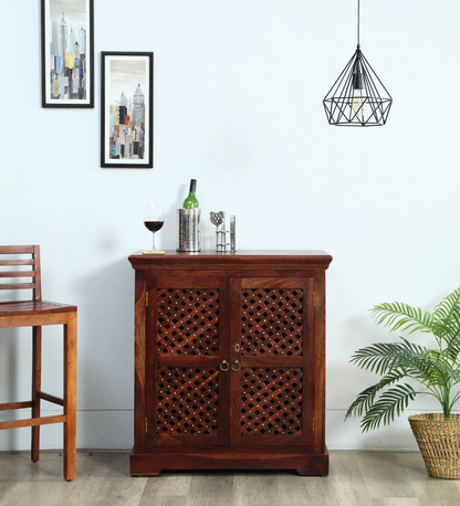 Traditional Sheesham Wood Bar Cabinet In Honey Oak Finish